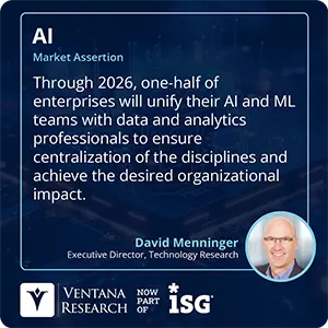Through 2026, one-half of enterprises will unify their AI and ML teams with data and analytics professionals to ensure centralization of the disciplines and achieve the desired organizational impact. 