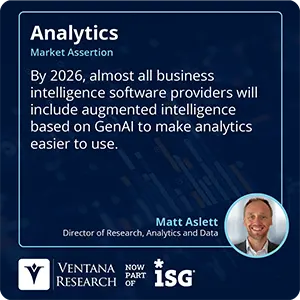 By 2026, almost all business intelligence software providers will include augmented intelligence based on GenAI to make analytics easier to use.