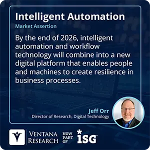 By the end of 2026, intelligent automation and workflow technology will combine into a new digital platform that enables people and machines to create resilience in business processes.  