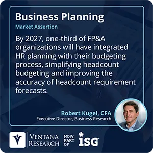 By 2027, one-third of FP&A organizations will have integrated HR planning with their budgeting process, simplifying headcount budgeting and improving the accuracy of headcount requirement forecasts. 