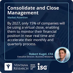 By 2027, only 15% of companies will be using a virtual close, enabling them to monitor their financial position in near real time and accelerate their monthly and quarterly process. 