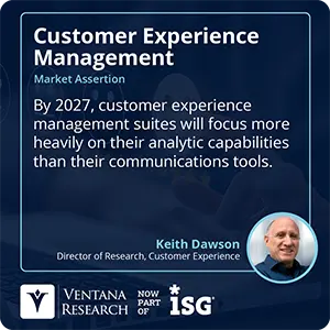 By 2027, customer experience management suites will focus more heavily on their analytic capabilities than their communications tools.