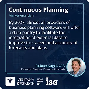 By 2027, almost all providers of business planning software will offer a data pantry to facilitate the integration of external data to improve the speed and accuracy of forecasts and plans. 