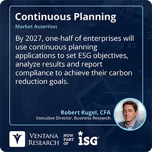 By 2027, one-half of enterprises will use continuous planning applications to set ESG objectives, analyze results and report compliance to achieve their carbon reduction goals.