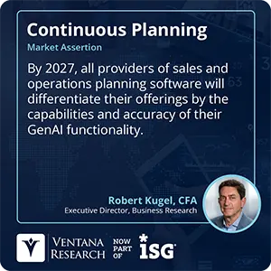 By 2027, all providers of sales and operations planning software will differentiate their offerings by the capabilities and accuracy of their GenAI functionality.  
