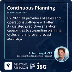 By 2027, all providers of sales and operations software will offer AI-assisted predictive analytics capabilities to streamline planning cycles and improve forecast accuracy.