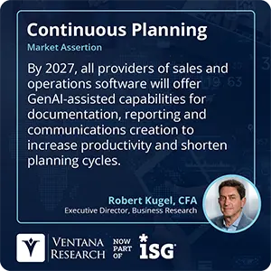 By 2027, all providers of sales and operations software will offer GenAI-assisted capabilities for documentation, reporting and communications creation to increase productivity and shorten planning cycles.