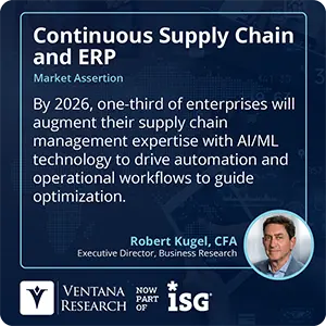 By 2026, one-third of enterprises will augment their supply chain management expertise with AI/ML technology to drive automation and operational workflows to guide optimization.