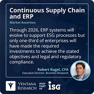 Through 2026, ERP systems will evolve to support ESG processes but only one-third of enterprises will have made the required investments to achieve the stated objectives and legal and regulatory compliance. 