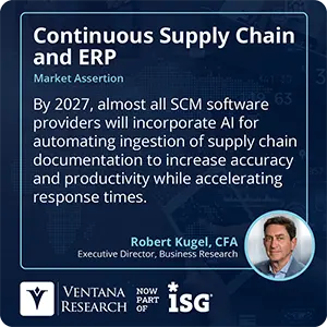 By 2027, almost all SCM software providers will incorporate AI for automating ingestion of supply chain documentation to increase accuracy and productivity while accelerating response times.