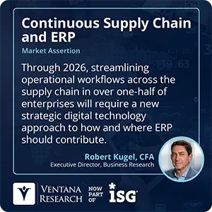 Through 2026, streamlining operational workflows across the supply chain in over one-half of enterprises will require a new strategic digital technology approach to how and where ERP should contribute. 