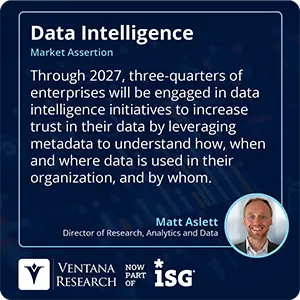 Through 2027, three-quarters of enterprises will be engaged in data intelligence initiatives to increase trust in their data by leveraging metadata to understand how, when and where data is used in their organization, and by whom. 