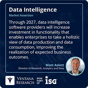 Through 2027, data intelligence software providers will increase investment in functionality that enables enterprises to take a holistic view of data production and data consumption, improving the realization of expected business outcomes.