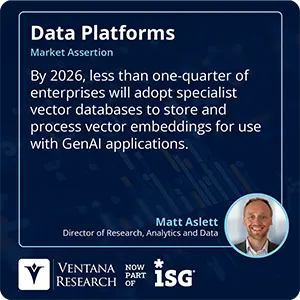 By 2026, less than one-quarter of enterprises will adopt specialist vector databases to store and process vector embeddings for use with GenAI applications. 