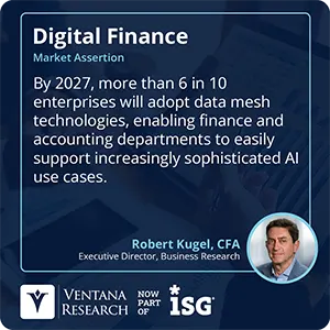 By 2027, more than 6 in 10 enterprises will adopt data mesh technologies, enabling finance and accounting departments to easily support increasingly sophisticated AI use cases.