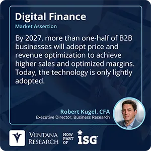 By 2027, more than one-half of B2B businesses will adopt price and revenue optimization to achieve higher sales and optimized margins. Today, the technology is only lightly adopted. 