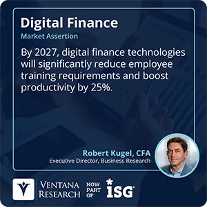 By 2027, digital finance technologies will significantly reduce employee training requirements and boost productivity by 25%. 