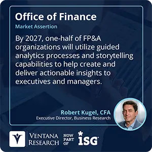 By 2027, one-half of FP&A organizations will utilize guided analytics processes and storytelling capabilities to help create and deliver actionable insights to executives and managers. 