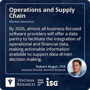 By 2026, almost all business-focused software providers will offer a data pantry to facilitate the integration of operational and financial data, making actionable information available to support data-driven decision making. 