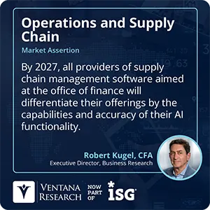 By 2027, all providers of supply chain management software aimed at the office of finance will differentiate their offerings by the capabilities and accuracy of their AI functionality.  