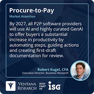 By 2027, all P2P software providers will use AI and highly curated GenAI to offer buyers a substantial increase in productivity by automating steps, guiding actions and creating first-draft documentation for review.
