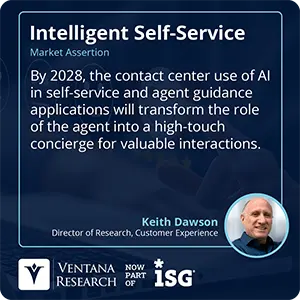 By 2028, the contact center use of AI in self-service and agent guidance applications will transform the role of the agent into a high-touch concierge for valuable interactions.