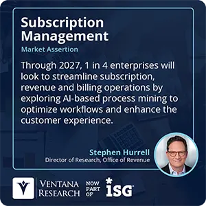 Through 2027, 1 in 4 enterprises will look to streamline subscription, revenue and billing operations by exploring AI-based process mining to optimize workflows and enhance the customer experience.