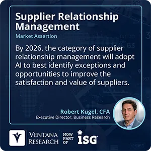 By 2026, the category of supplier relationship management will adopt AI to best identify exceptions and opportunities to improve the satisfaction and value of suppliers.