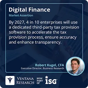 By 2027, 4 in 10 enterprises will use a dedicated third-party tax provision software to accelerate the tax provision process, ensure accuracy and enhance transparency.  