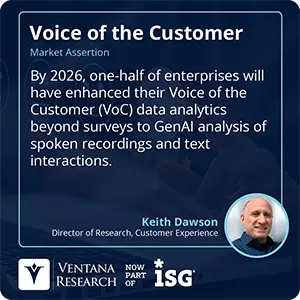 By 2026, one-half of enterprises will have enhanced their Voice of the Customer (VoC) data analytics beyond surveys to GenAI analysis of spoken recordings and text interactions. 